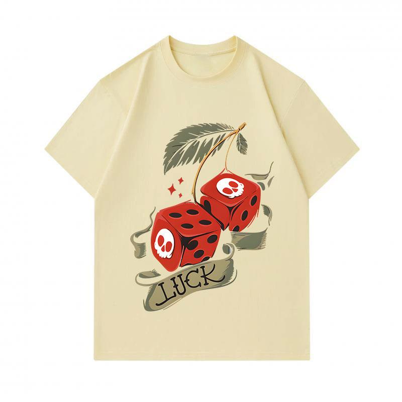 Men's 100% Cotton Crew Neck Short Sleeve T-Shirt, Creative Skull Dice Cherry Luck Print Casual Comfortable Tee for Daily Summer Wear