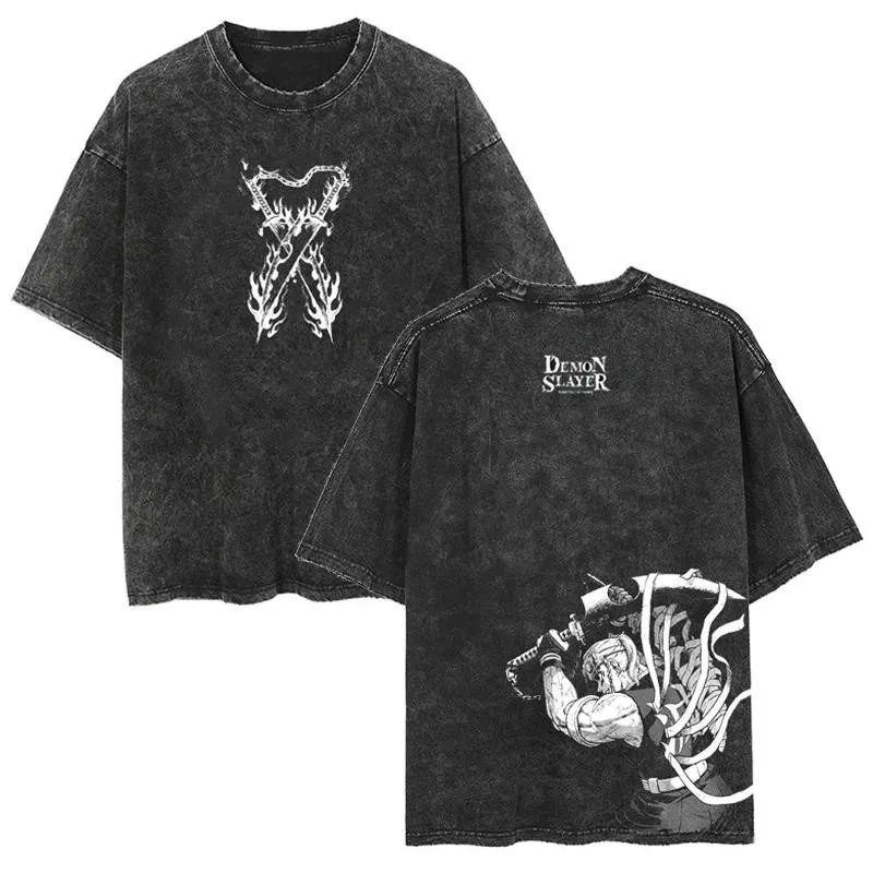 Anime Demon Slayer Rengoku Kyoujurou Printed T Shirt Men Women Manga Tshirts Vintage Washed T-Shirt Harajuku Manga Cotton Tops Female Male Clothing
