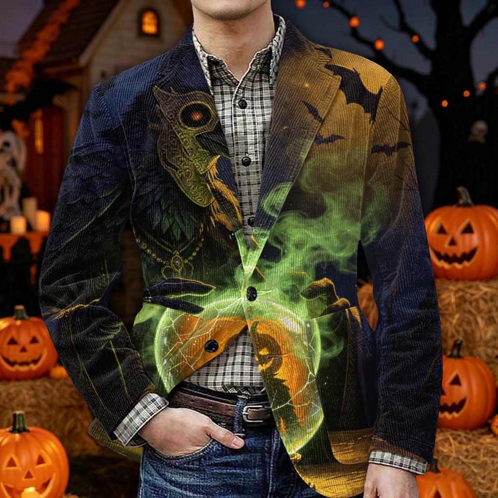 Men's Corduroy Blazer Jacket with Halloween Print Warm Casual Suit Coat with Pockets Comfortable Fit Lightweight Design for Everyday Wear