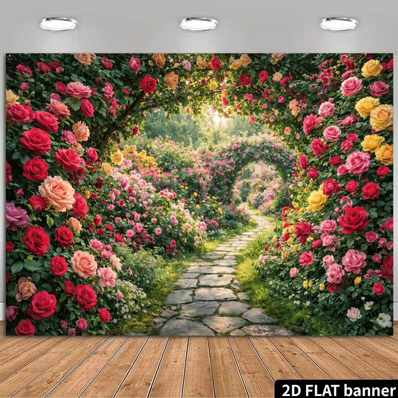2D Romantic Flower Tunnel with Roses and Greenery Photo Banner