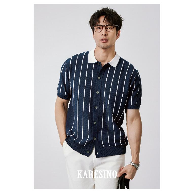 Casual Striped Polo Shirt for Men Summer Business Non-Iron Slim Fit Gentleman Thin Knitted Striped Short Sleeve T-Shirt