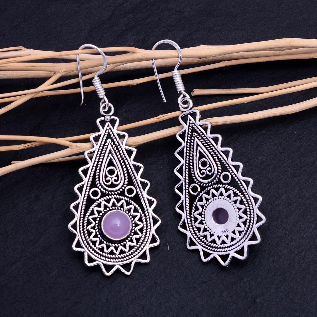 Rose Quartz Gemstone Handmade 925 Sterling Silver Earring 2.30" J3s13