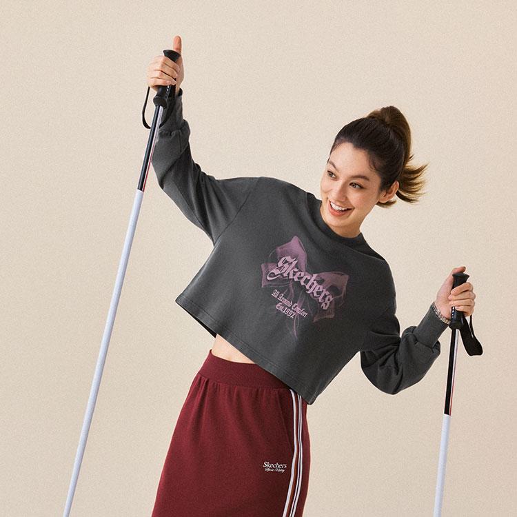 Skechers Sport Alliance Series American Retro Bow Element Logo Print Casual Commuter Comfortable Short Pullover Sweatshirt L325W065-013P