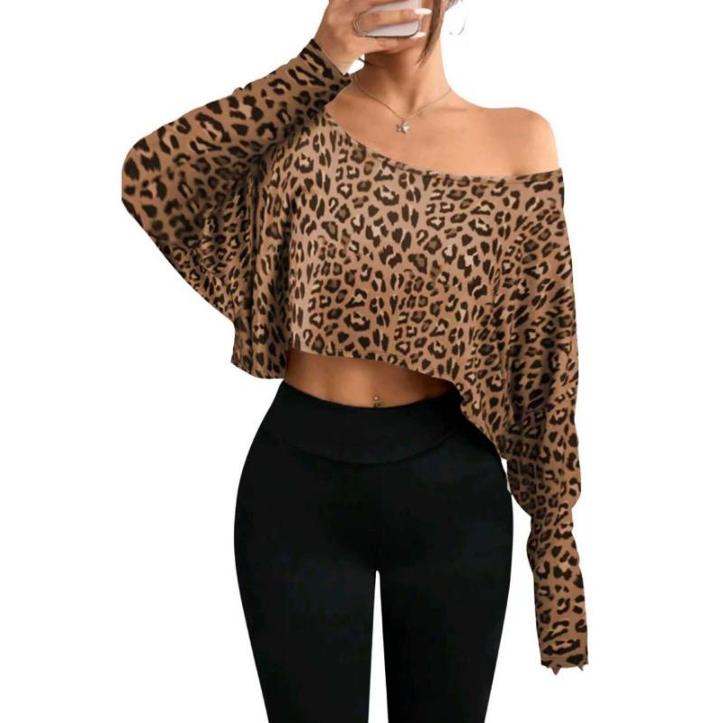 Women S Elegant One Shoulder Long Sleeve Short Length Leopard Print T Shirt S