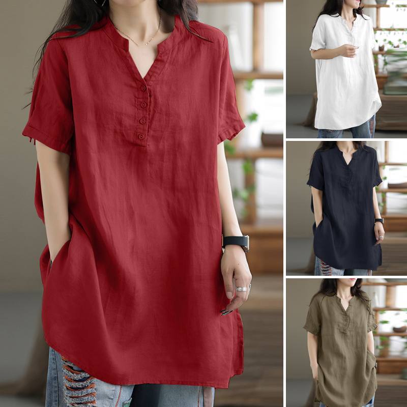 Top da Donna Estivo a Maniche Corte con Bottoni, Colore Unito, Taglie Forti, Scollo a V, T-shirt Comoda, Senza Elasticità