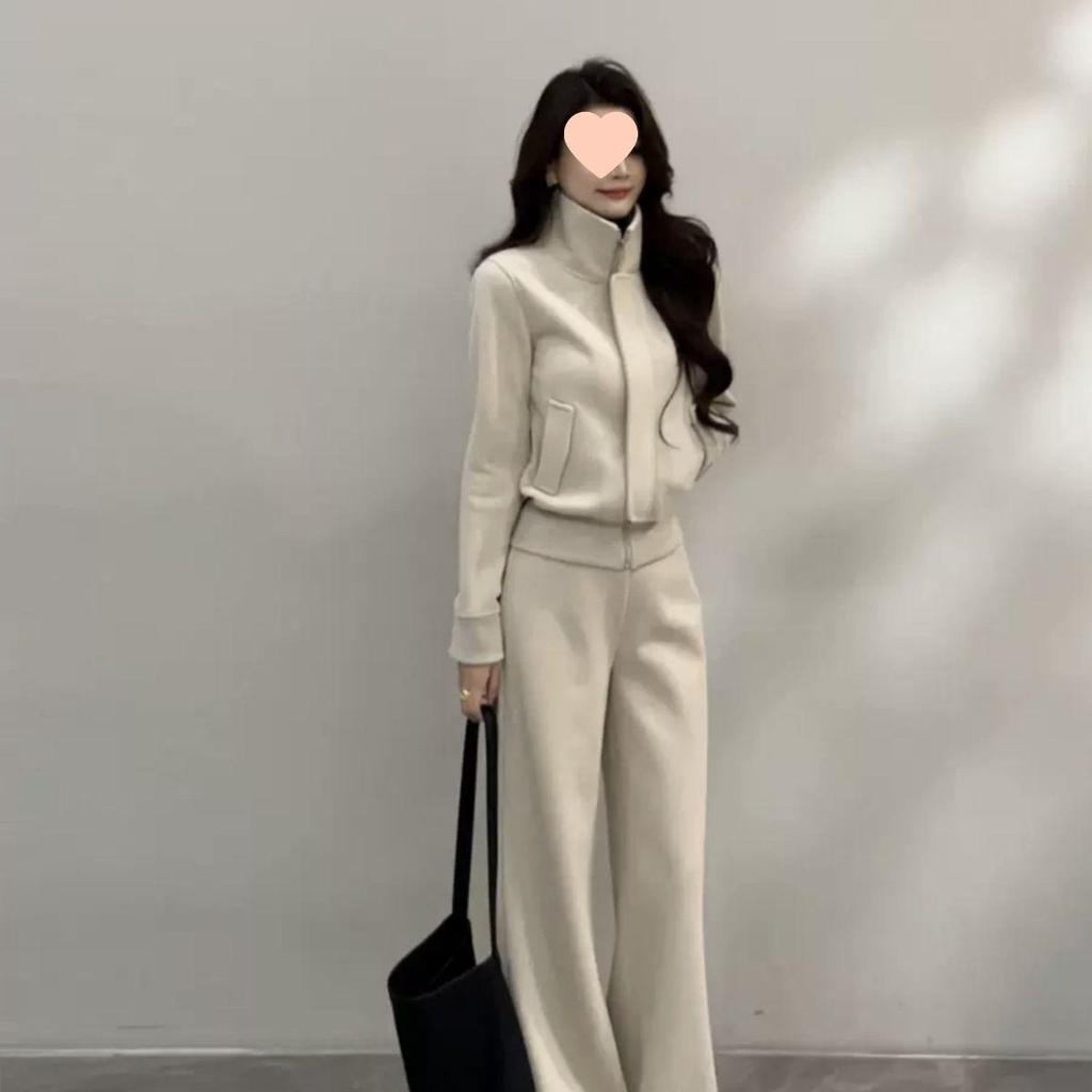 Korean Style Stand-Collar Sweatshirt Jacket & Casual Wide-Leg Pants Set for Women - Autumn/Winter Fashion