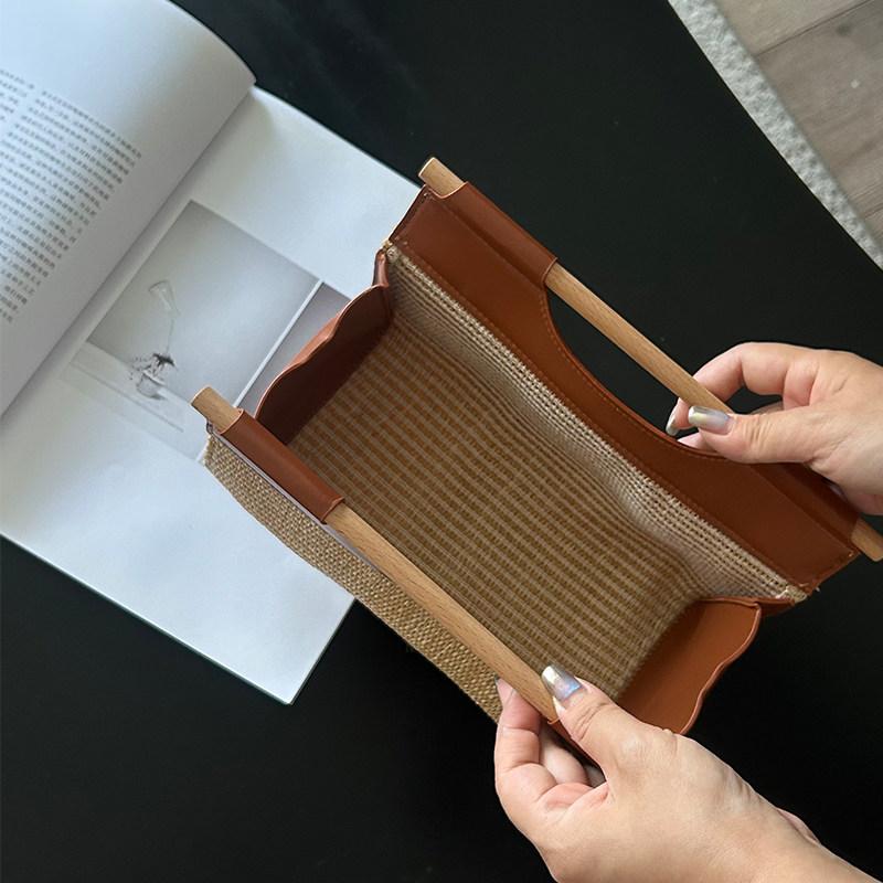Vintage geflochtene Rattan-Leder-Holzgriff-Taschentuchbox, Schreibtisch-Serviettenhalter für Zuhause Wohnzimmer Eingang