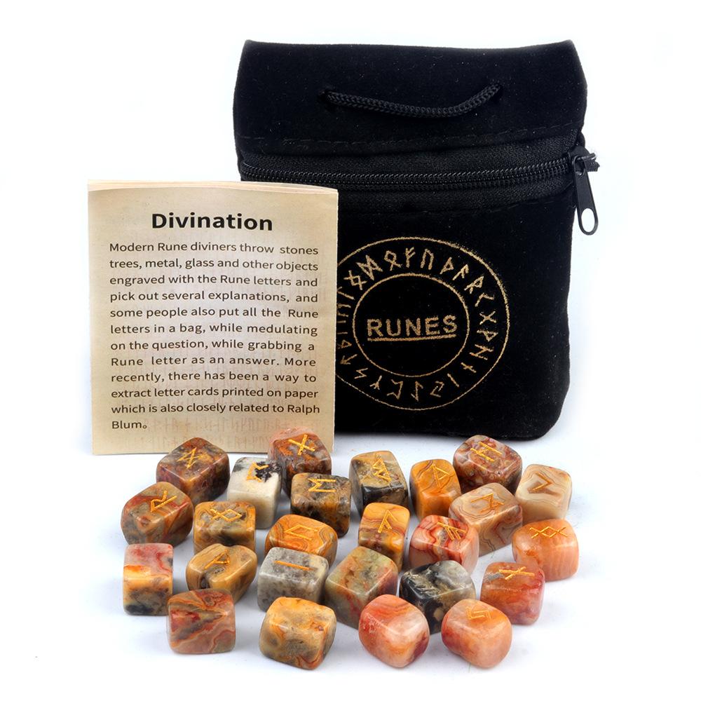 1901-Runes Natural Crystal Agate Rune Stones 25 Pieces Semi-Precious Gemstones Runic Script Engraving Energy Healing Carved