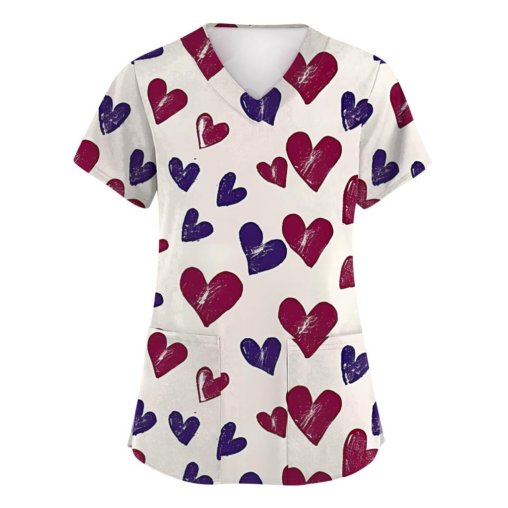 Women's Fashion Short-Sleeve Valentine's Day Print V-Neck Pocket Workwear Top
