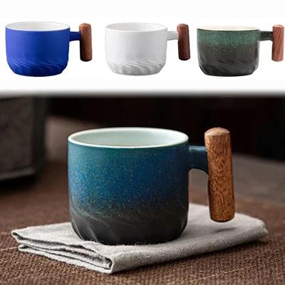 Ceramic Retro Cup Coffe with Wooden Handle Rough Large Capacity Water Tea Mug Handmade Drinkware Teaware for Birthday Gifts