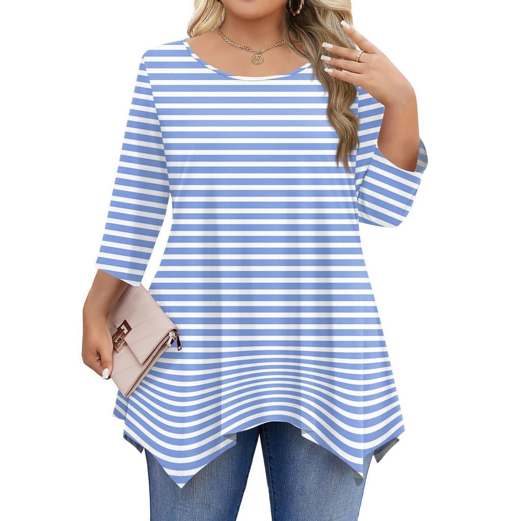 Womens Plus Size 3/4 Sleeve Shirts  Round Neck Tunic Tops Basic Loose Fit Tee Tops L-5XL