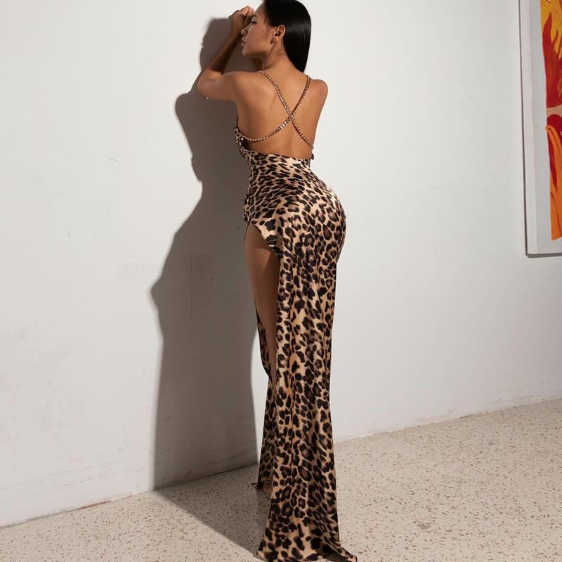 European and American Women's Summer New Fashion Printed Slim-fit Backless Chain Strap Mid-length Dress for Women