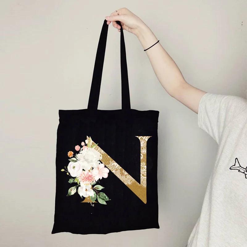Gold Letter Flower Canvas Bag Women's Shopping Bag Reusable Large Capacity Portable Handbag Harajuku Student Shoulder Bag