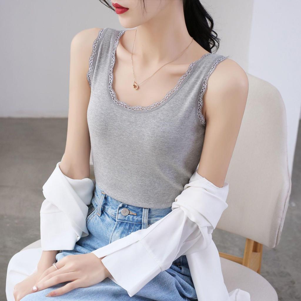 Spring & Summer Women's Lace Ribbed Cotton Tank: Slimming Plus-Size Sleeveless Round Neck Base Layer