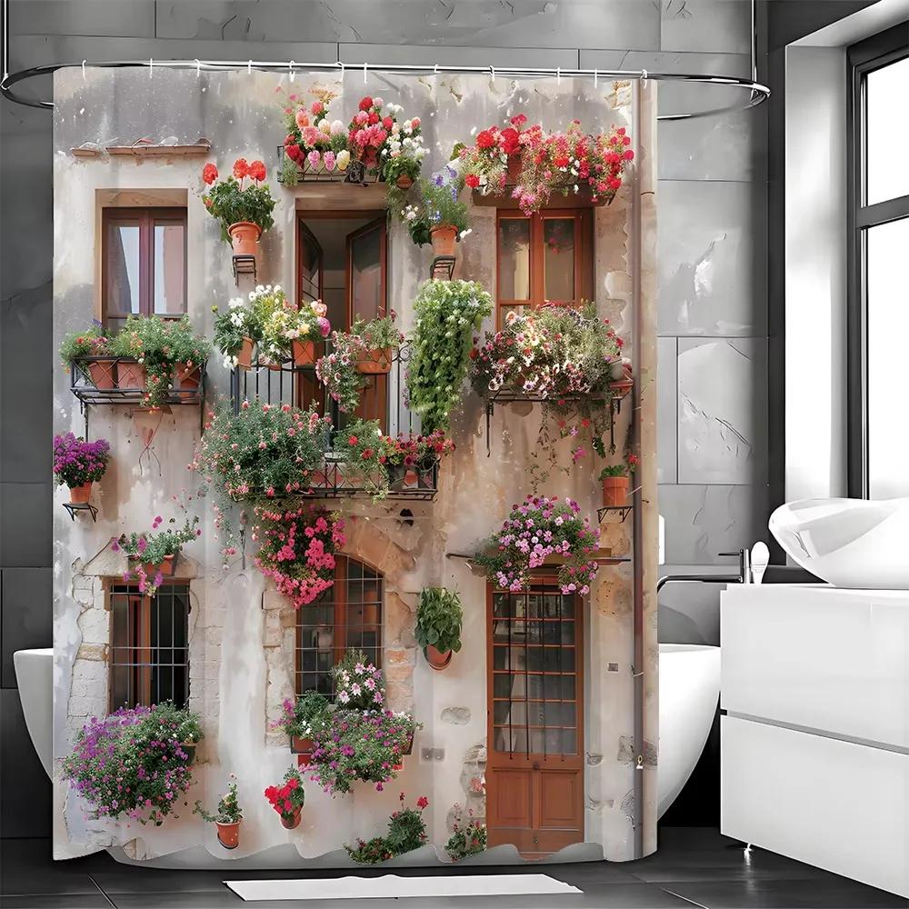 Italian Street Scenery Shower Curtain, Brick Wall Pink Floral Vintage Wooden Door Potted Plant European Street Natural Garden