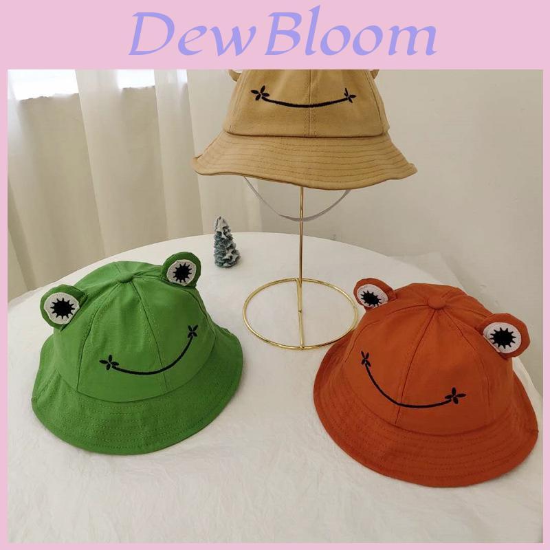 Adorable Smiling Frog Face Embroidered Fisherman Hat For Girls Round Top Wide Brim Sunshade Travel Streetwear Cap