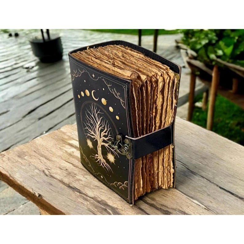 400 Page Large Grimoire Leather Journal, Print Tree of Life Journal, Blank Spell Book Book of Shadows Leather Celestial Gifts For Him Her