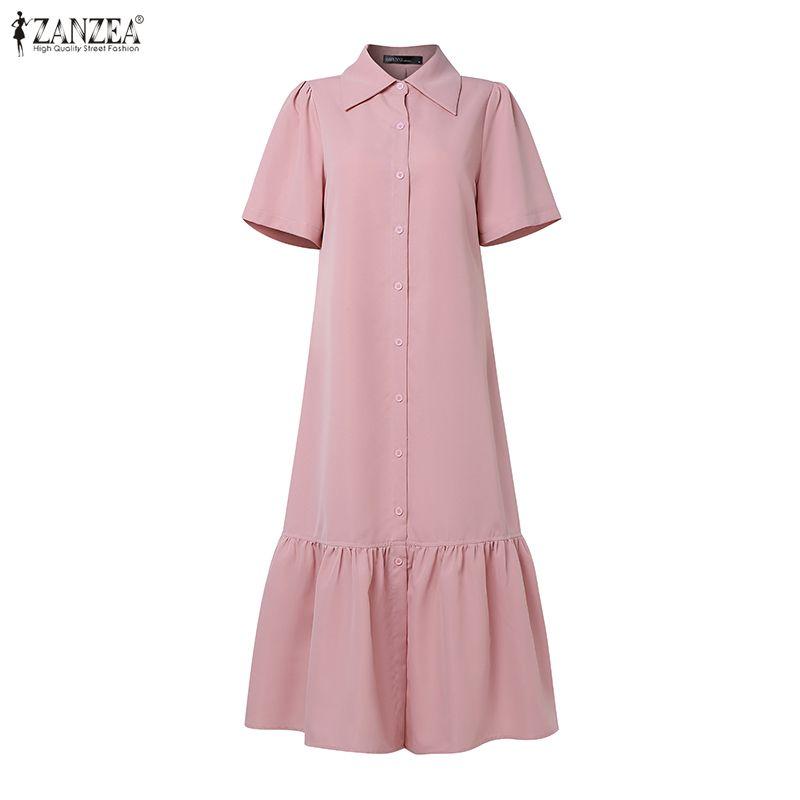 ZANZEA Women Casual Turn Down Collar Loose Summer Short Sleeve Dress
