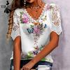 Women's Fashion Casual Summer Spring Flower Pattern Print Short Sleeve V-Neck Blouses & Shirts