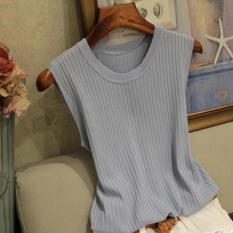 Summer Fashion Women Knitted Vests Shirts Tops Lady O-neck Sleeveless Solid Color Casual Thin Tops