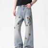 Spring American retro flower embroidery straight jeans men's design sense thin wide-leg pants