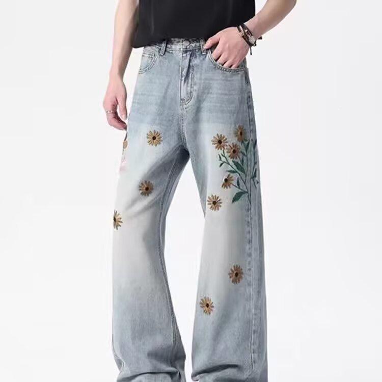 Spring American retro flower embroidery straight jeans men's design sense thin wide-leg pants