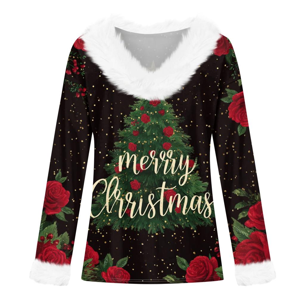 Kadın Günlük Moda Uzun Kollu Noel Baskılı Flanel Yakalı Üst