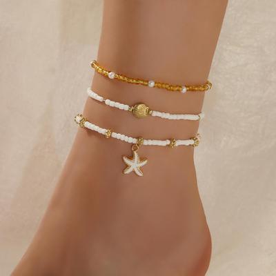 Starfish Shell Stretch String Anklet Women's Multi-Layer Set Bohemian Beach Style
