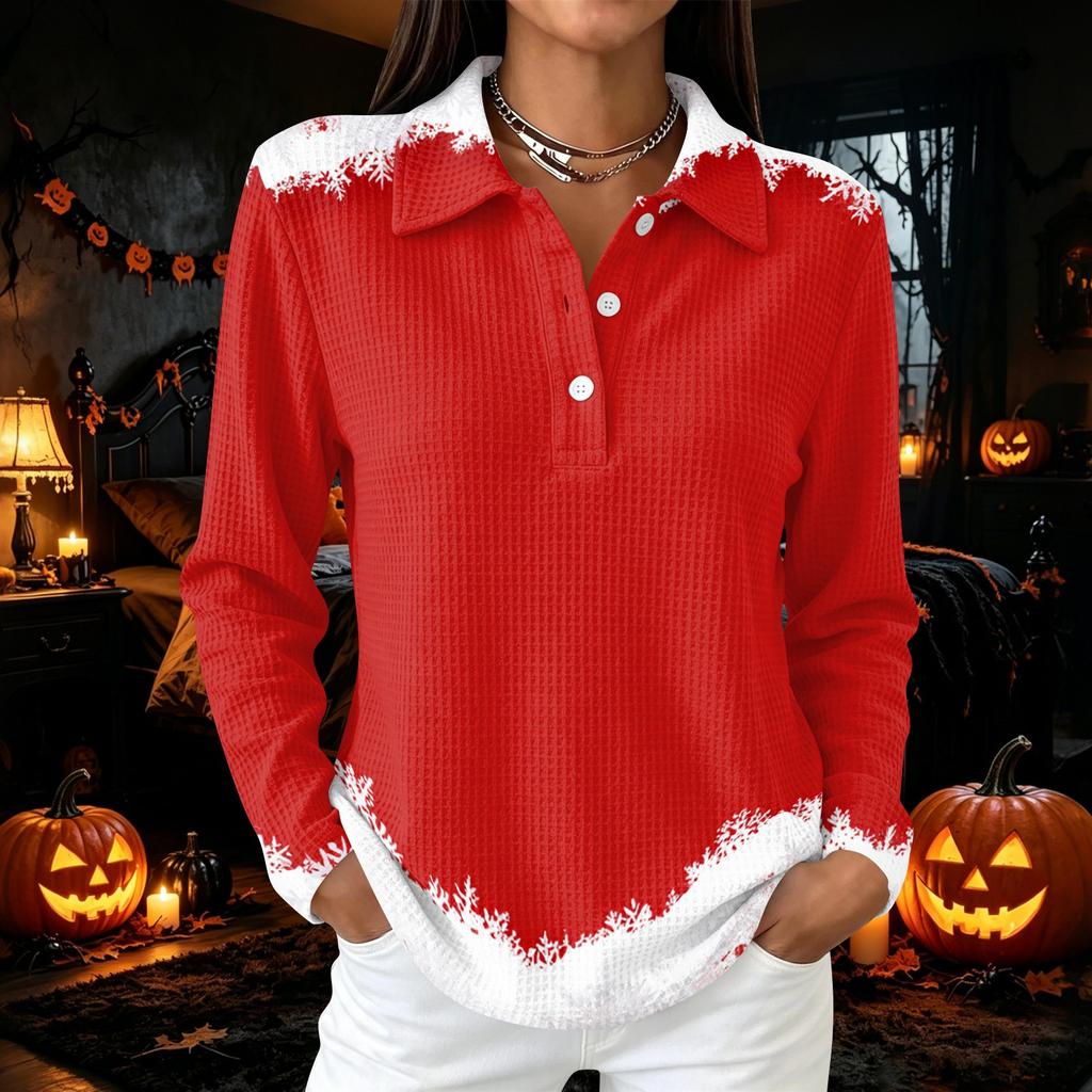 Women's Casual Christmas Print Long Sleeve Button Blouse with Lapel Collar and Side Slits