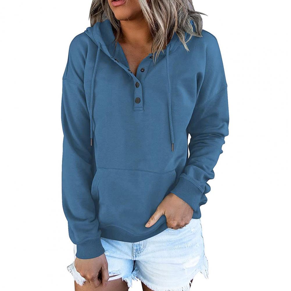 Women Fall Winter Hoodie Long Sleeve Loose Pullover Big Pocket Button Decor Drawstring Casual Soft Warm Hooded Elastic Cuff Lady