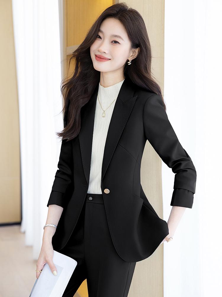 Women's Single-Breasted Navy Blue Long Sleeve Suit Jacket - Professional Spring/Autumn Formal Wear for Managers