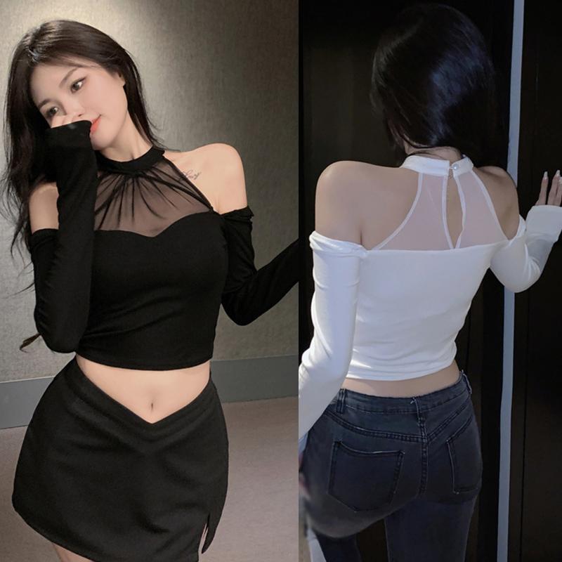 

Элегантная тонкая футболка с открытыми плечами для женщин сплошная сетчатая футболка с длинным рукавом пэчворк повседневный темперамент универсальный кроп-топ