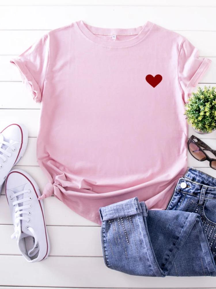 on Chest Little Red Heart Print T Shirt Women Short Sleeve O Neck Loose Tshirt Summer Women Tee Shirt Tops Camisetas Mujer