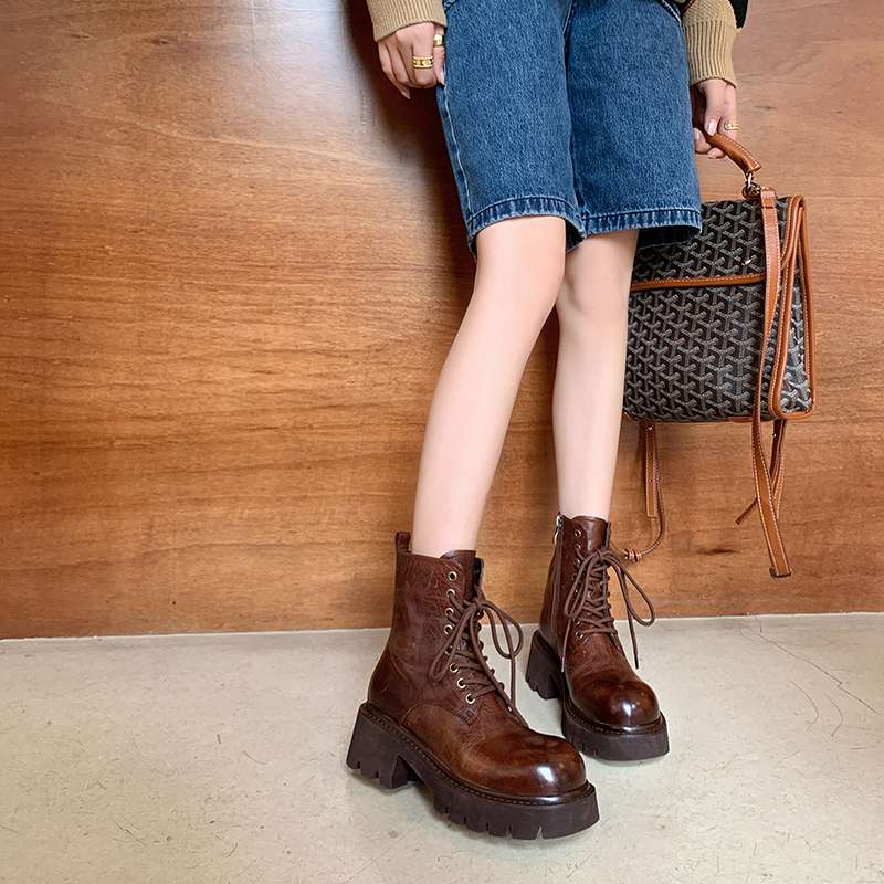 Krazing Pot Kuskinn Høst Vinter Sko Rund Tå Medium Hæler Snøring Motorsykkelstøvler Dame Ankelstøvletter