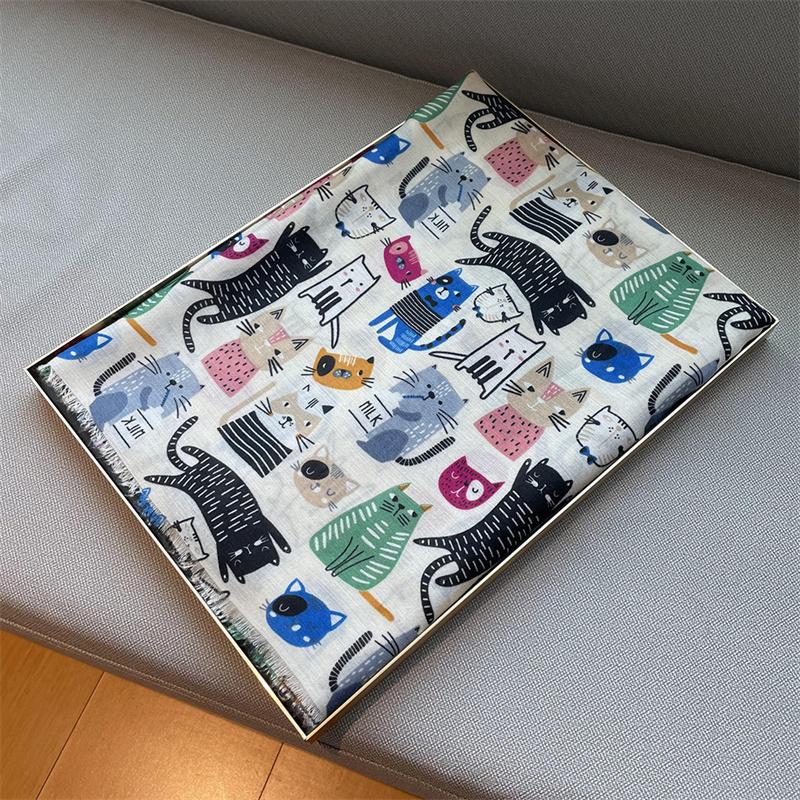 

Spain Luxury Brand Fringe Viscose Scarf for Women Cartoon Cat Pattern Shawls and Wraps Pashmina Bufandas Muslim Hijab 180*90Cm