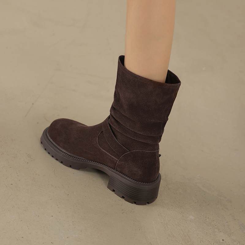 Krazing Pot Cow Suede Nubuck Winter Round Toe Western Boots Med Heels Slip On Metal Buckles Women Mid-calf Boots