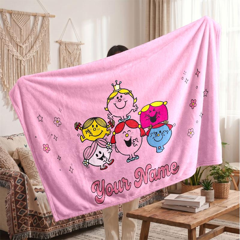 Mr. Men & Little Miss Personalized Flannel Blanket, Custom Printed Text Name, Warm Soft Blanket For Couch Bed