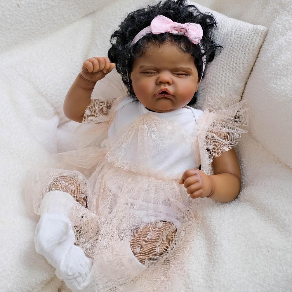 18 Inches Cloth Body Quinbee Reborn Dolls Realistic Sleeping Newborn Babies Doll with High Color Painted Dark Skin Lifelike Simulation Dolls for Kids