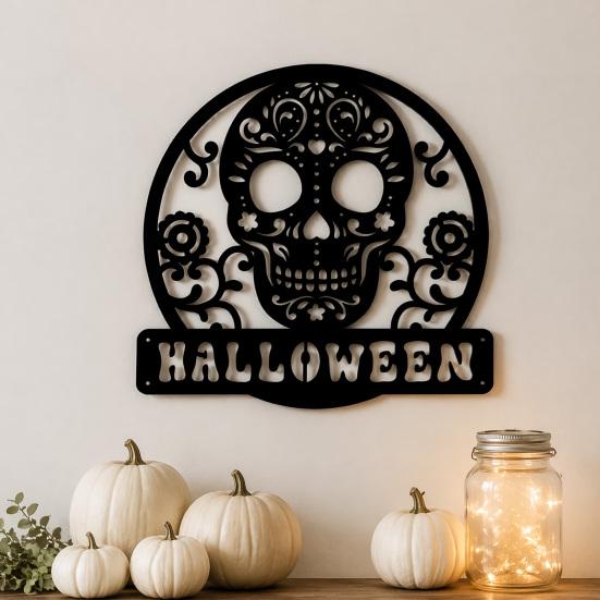 Entrance Door Ornament Skull Metal Sign, Gothic Spooky Skeleton Head Hanging Wall Vintage Style Art for Man Cave, Bar, Bedroom, Garage, Office,
