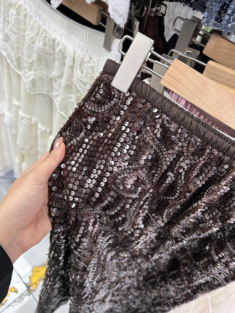 Elegant Coffee Sequin Mermaid Midi Skirt for Women - 2025 Autumn/Winter Collection