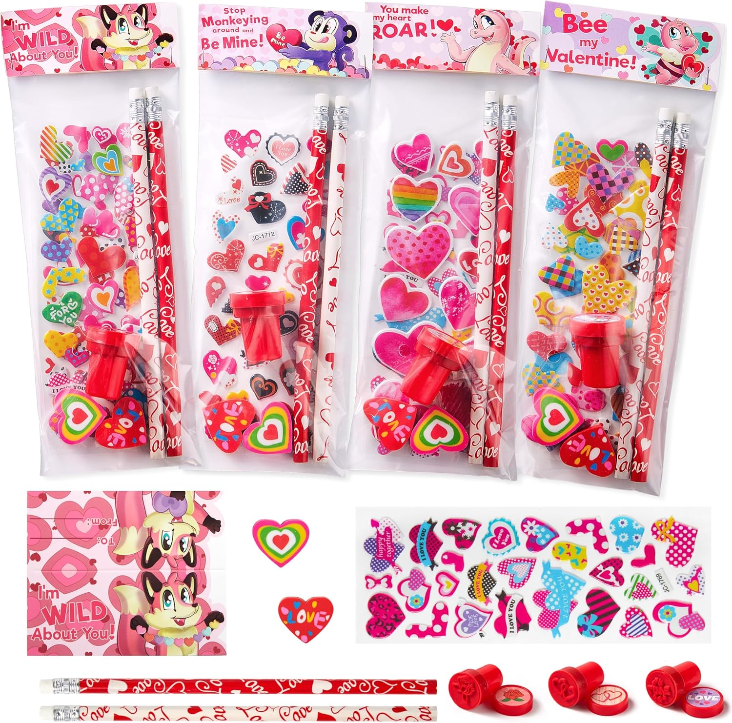

224 Pcs Valentines Gifts designed for Children Valentines Goodie Pouch StuffersValentines Cards Classroom Exchange Assorted Stationery