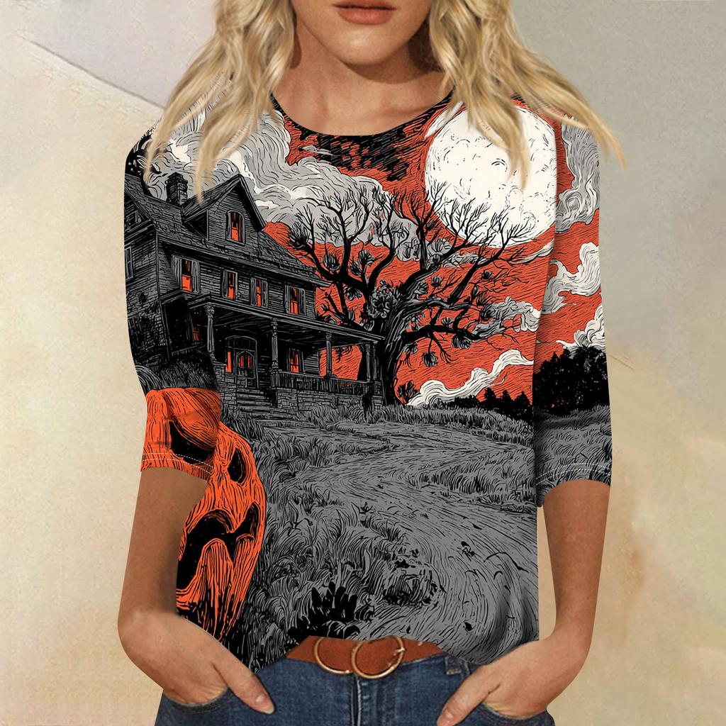 Women's Casual Round Neck Three Quarter Sleeve Halloween Print T Shirt Top Lightweight Soft Fabric Comfortable Fit