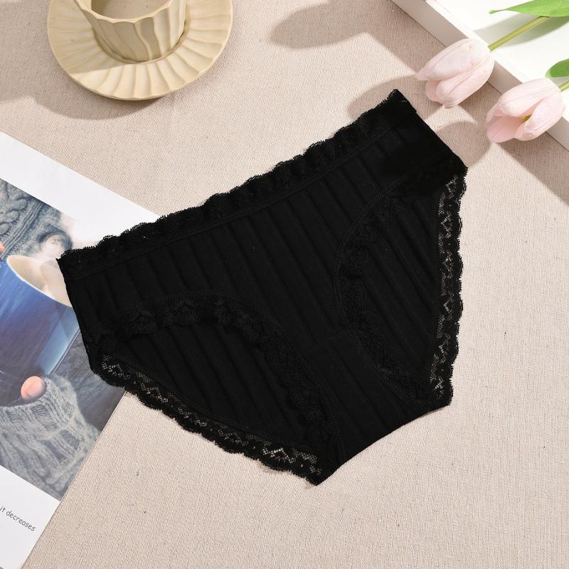 

FINETOO Хлопковое кружевное цветочное нижнее белье Сексуальные полосатые однотонные трусики Эластичные трусы со средней посадкой Женское дышащее нижнее белье Мягкие шорты XL&1pc чёрный