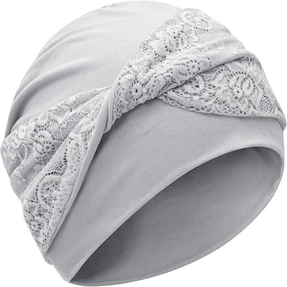 

Trendy Breathable Headscarf Hat Soft Elastic Chemo Headwear Elegant Lace Cross Design Beanie Hats for Women светло-серый