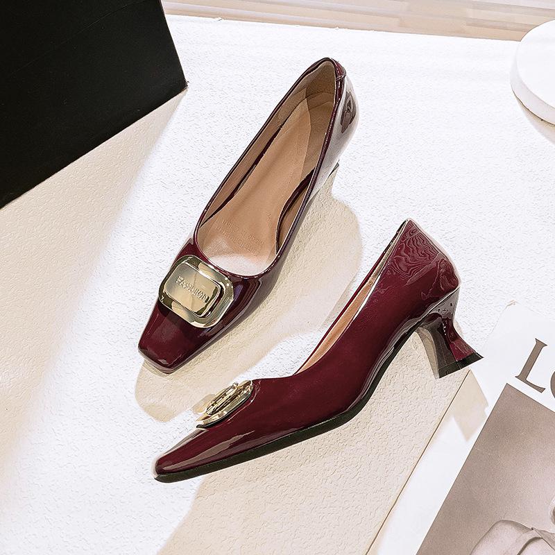 French light mouth single shoes women's middle heel 2025 new spring and autumn small heel square head shoes lady red high heels stiletto