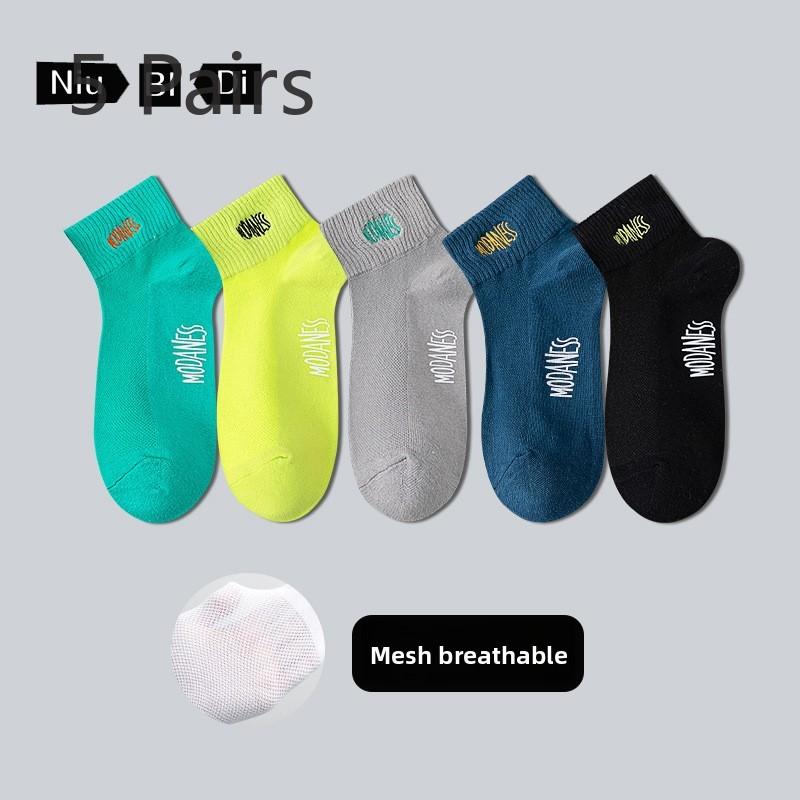 5 Pairs of Men's Spring and Autumn Pure Cotton Sweat Absorbing Breathable Mesh Thin Socks
