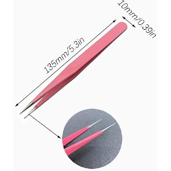 Professional Stainless Steel Eyelash Extension Tweezers Set, Pink Color, 2 Piece Precision Beauty Tools with Straight and Curved Tips, 4.76 Inch and