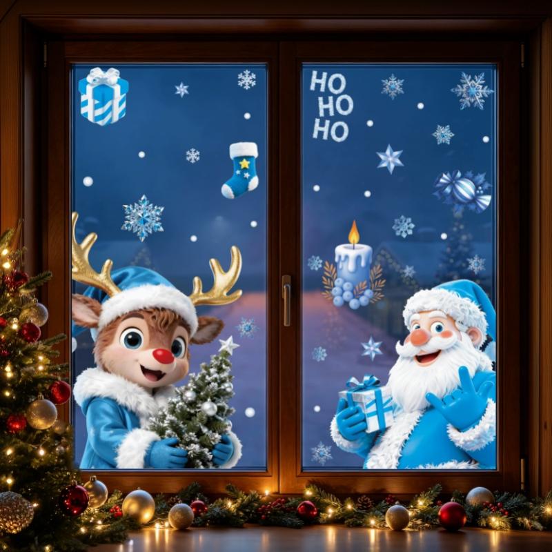 1/2 Sheets Cartoon Snowman Snowflake Santa Claus Christmas Window Wall Sticker Self-Adhesive Decor New Year Windows Stickers