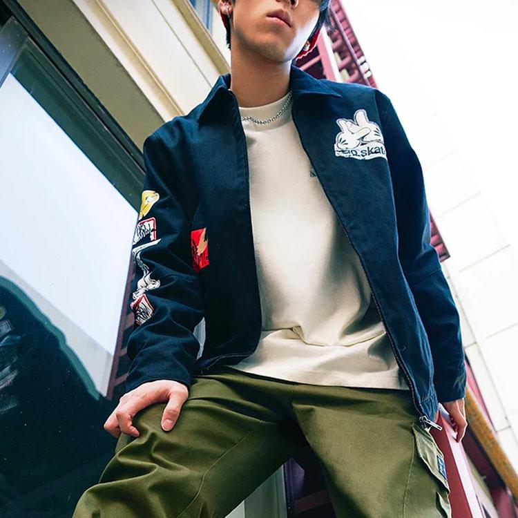 Li Ning X Og_Slick Collaboration Skateboard Series Cartoon Pattern Printed Loose Collar Cotton Jacket Winter Men Jacket Black AJMS017-2