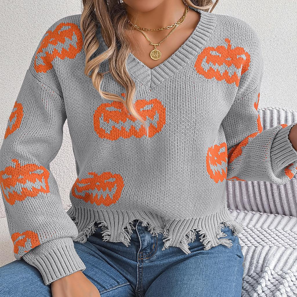 QICED Autumn Winter Halloween Color-blocking Pumpkin Cut-up Long-sleeved Pullover Sweater Women's Clothing